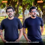 Comparação de um homem antes e depois de usar a pomada Power Brilho, mostrando maior alinhamento e brilho.