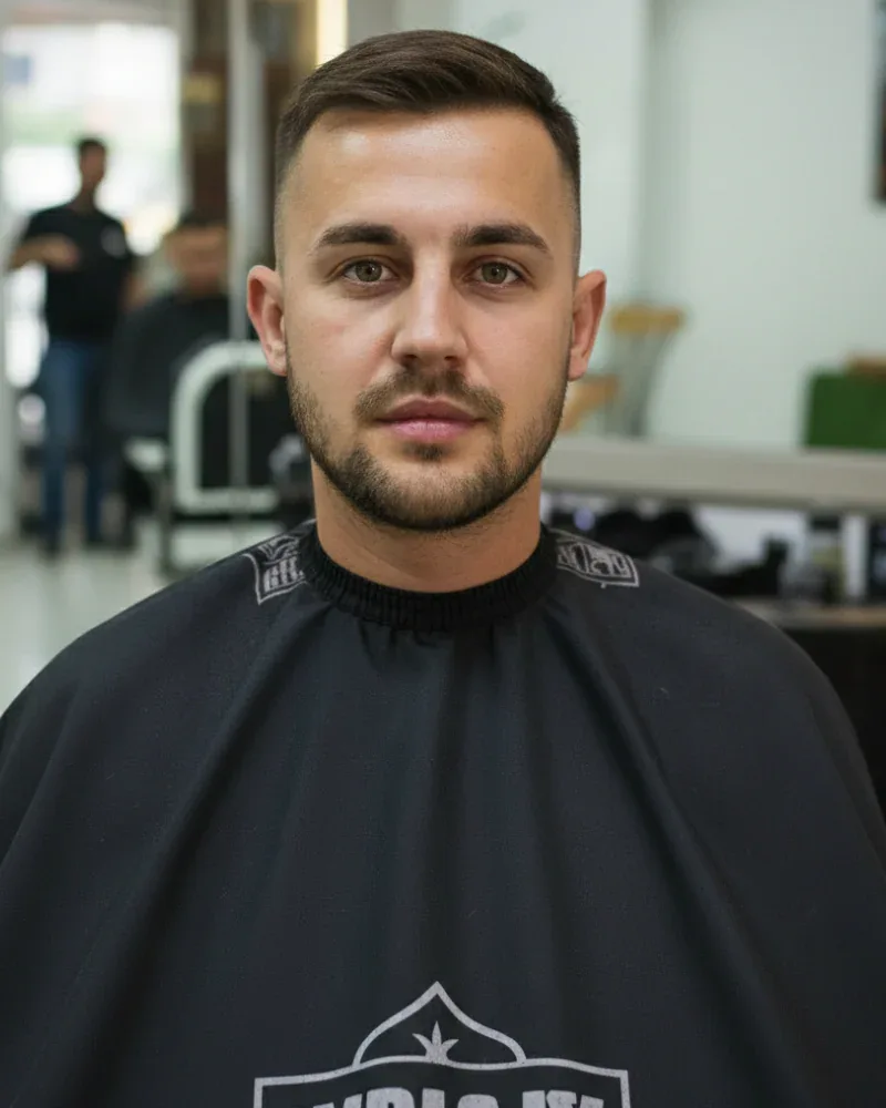 Homem com o cabelo perfeitamente penteado para o lado, com acabamento matte e sem brilho, após o uso da pomada Lord Shiva.