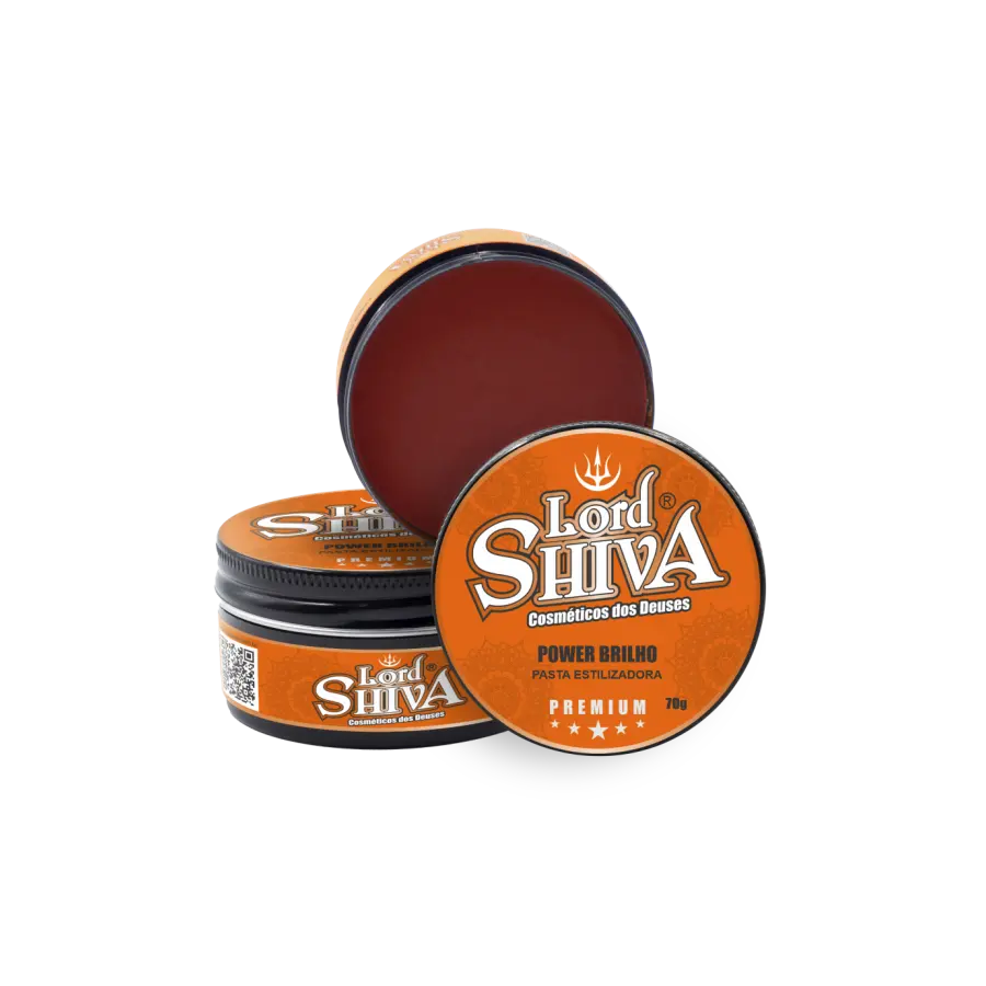 Pomada Power Brilho Lord Shiva aberta mostrando a textura interna translúcida laranja e embalagem premium laranja