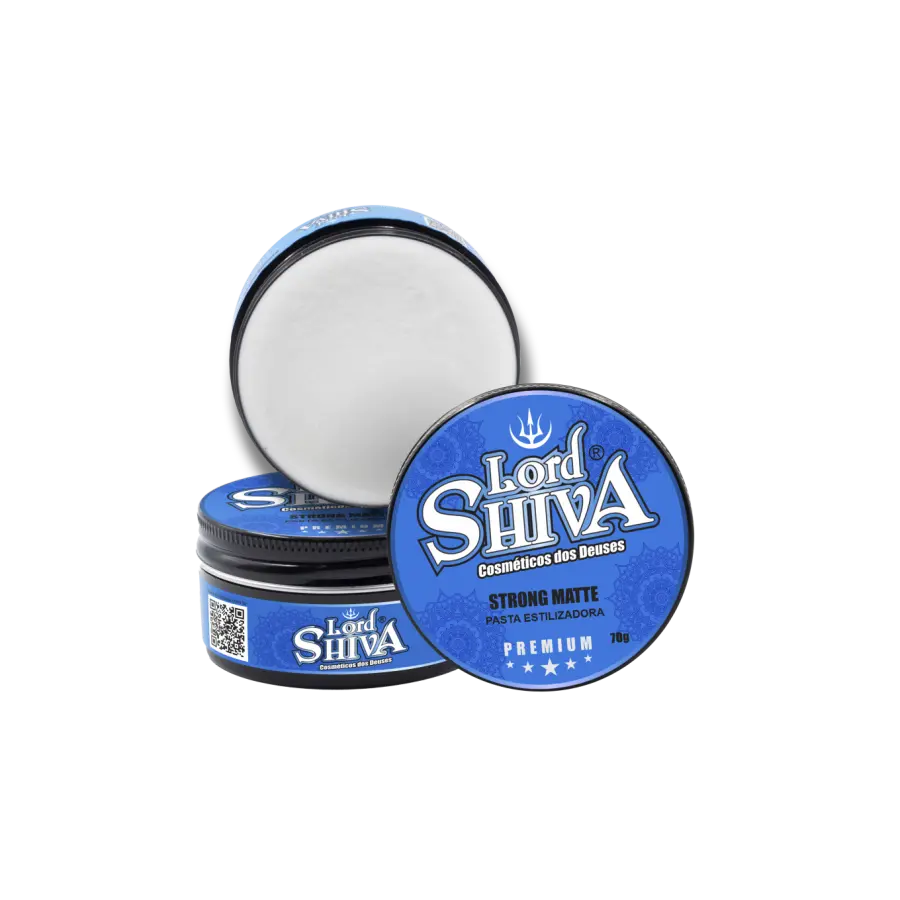 Pomada modeladora Strong Matte Lord Shiva embalagem aberta com textura branca.