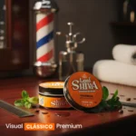 Embalagem da pomada Power Brilho em uma bancada de barbearia clássica com borrifador e toalhas.